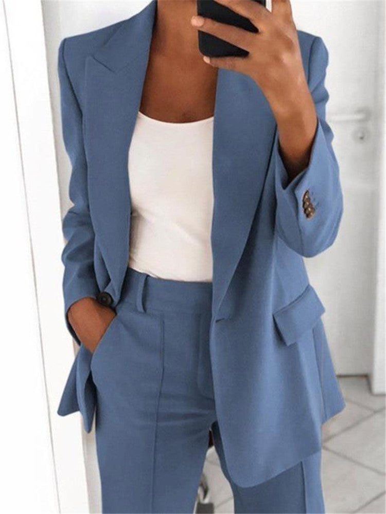 Ins Button Casual Suit Fashion Long-sleeved Lapel Blazer Jacket And Slim-fit Pocket Trousers For Women Clothing NorixaFashion.com