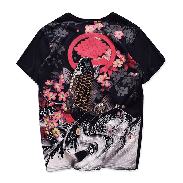 Vintage Japanese Harajuku Floral Carp Men's T-shirt Pi-Mart