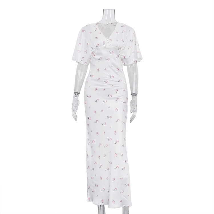 Floral V-neck Short-sleeved High-waisted Bodycon Dress NorixaFashion.com