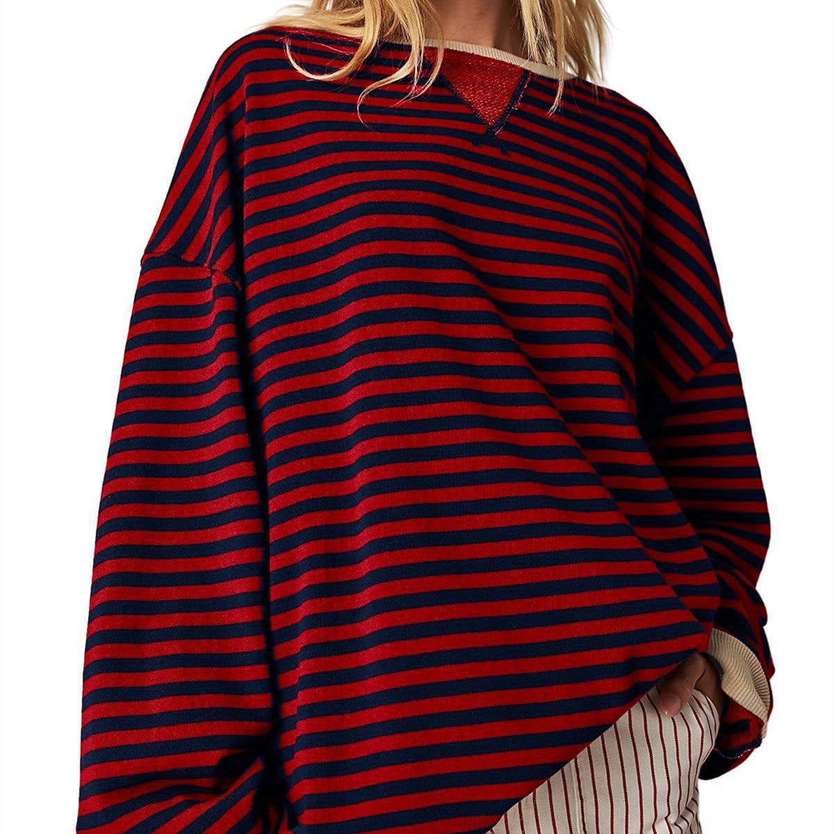 Women's Striped Embroidered Stitching Color-inserted Pullover Sweater CJD
