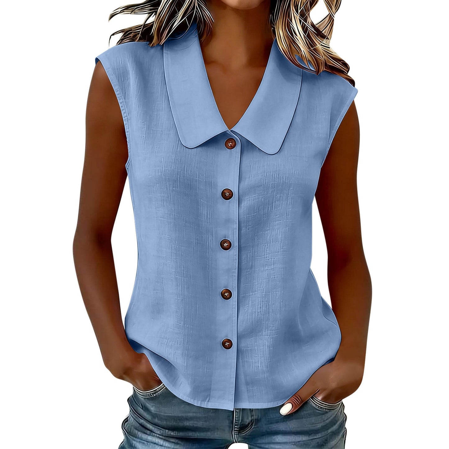 Womens Polo-neck Sleeveless Button-up Cardigan Top NorixaFashion.com