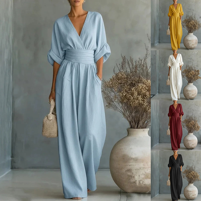 Summer Short-sleeved Jumpsuit Fashion Casual V-Neck Wide-Leg Pants Womens Clothing LadyShow.Store