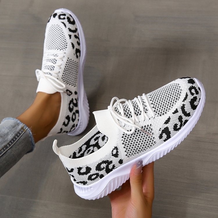 White Shoes Women Leopard Print Lace-up Sneakers Sports CJD