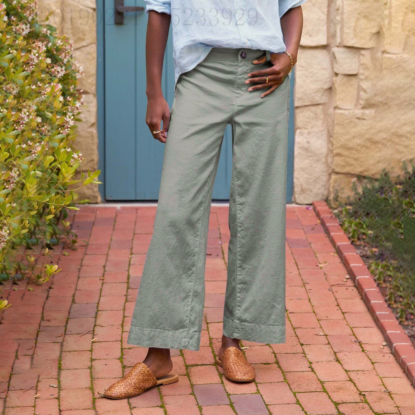 European And American Style High-Waisted Solid Color Cropped Flared Loose Wide-Leg Womens Trousers With Buttons NorixaFashion.com