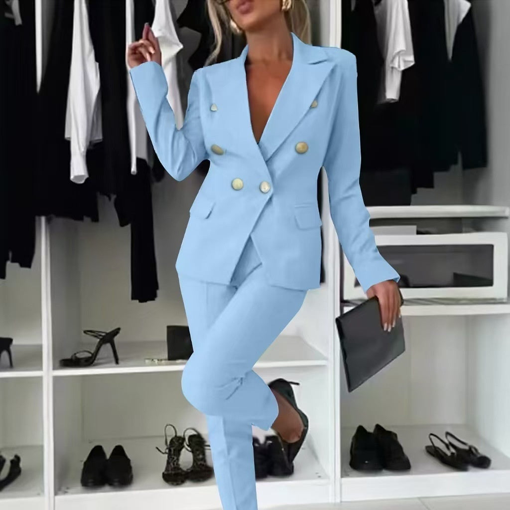Casual Blazer Suit Slim Lapel Double-breasted Jacket And Zip-up Trousers Women's Clothing NorixaFashion.com