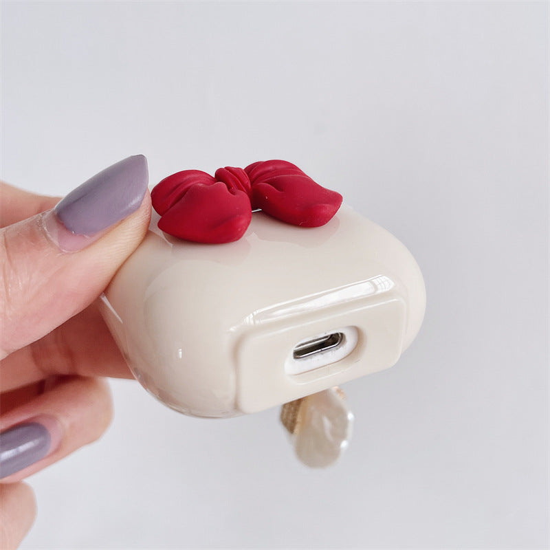 Beige Red Bow Shell Pendant Wireless Earphone Case Best YouTube Store
