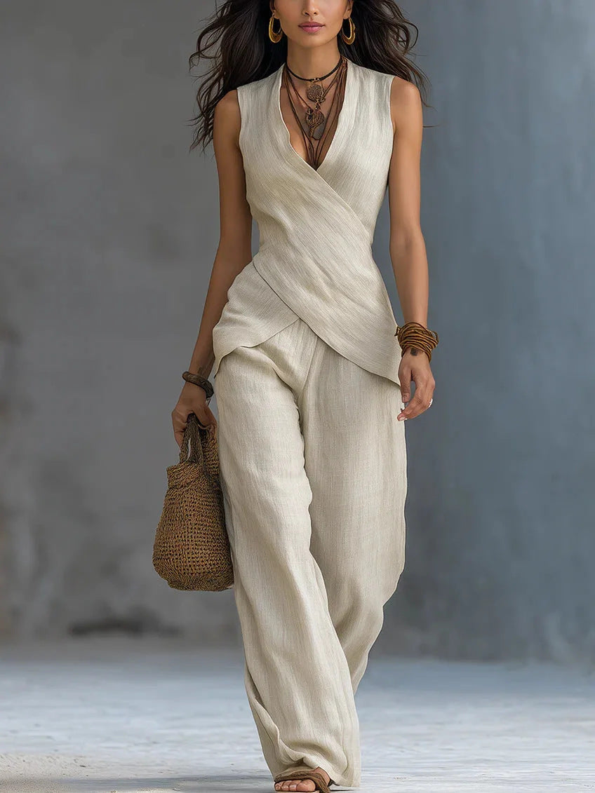 Cross-design Top Casual Shirt Wide-leg Pants Set For Women NorixaFashion.com