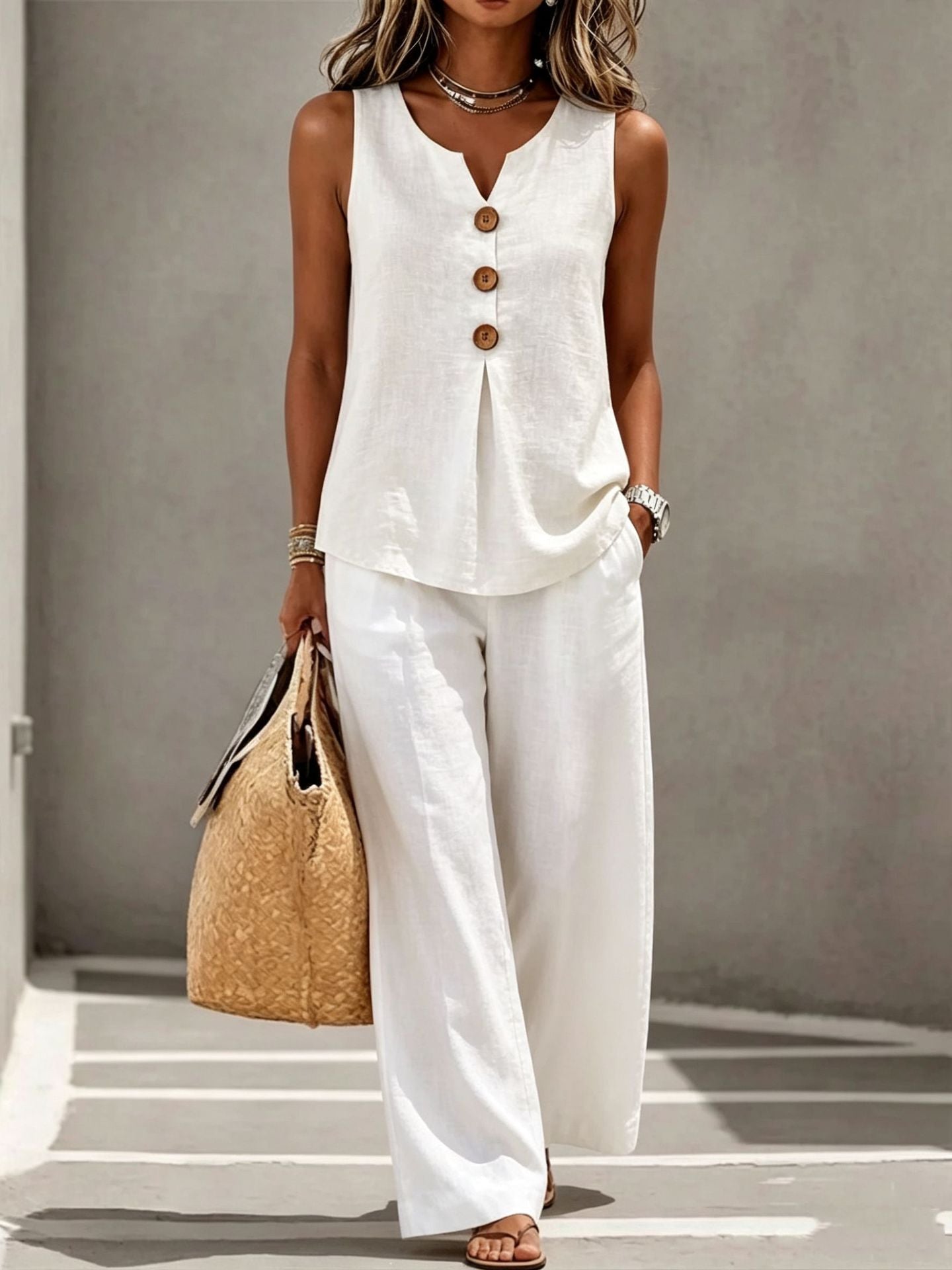 Womens V-neck Buttoned Sleeveless Vest Top Set Two-piece Outfit NorixaFashion.com