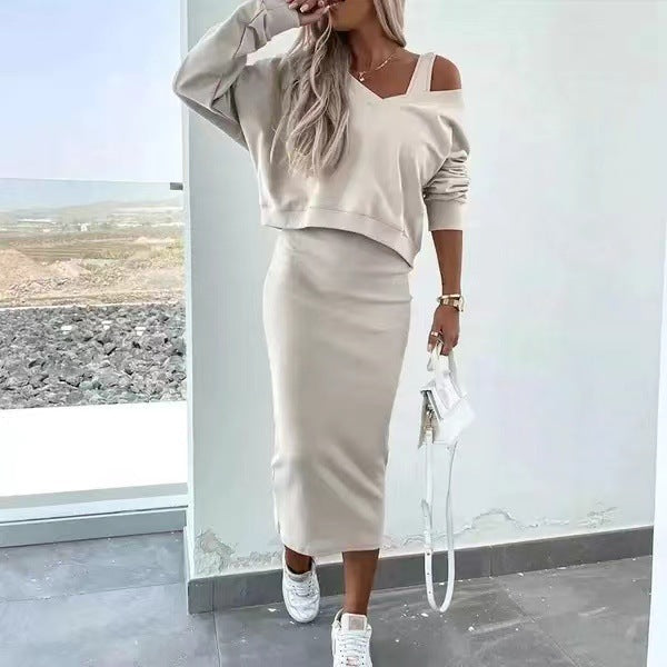 Women's Two Piece Dress Suit Fashion Long-sleeved  V-neck Pullover Sweatshirt And Sleeveless Dresses Set LadyShow.Store