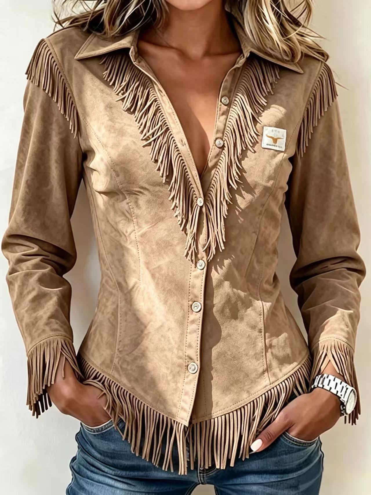 Western Cowboy-Style Suede Fringe Slim-Fit Long-Sleeve Shirt NorixaFashion.com