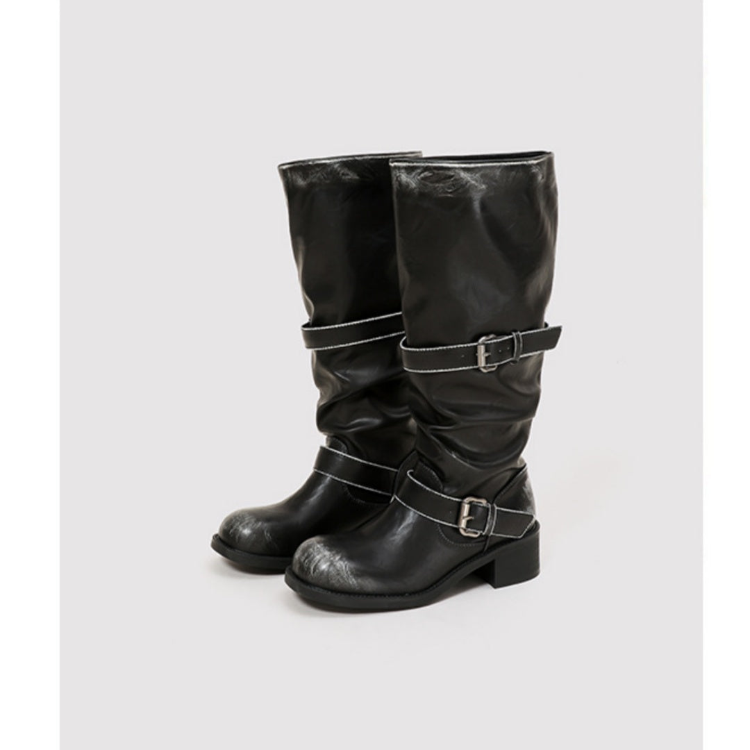 Chunky-heeled Vintage Distressed Mid-calf Boots Womens LadyShow.Store