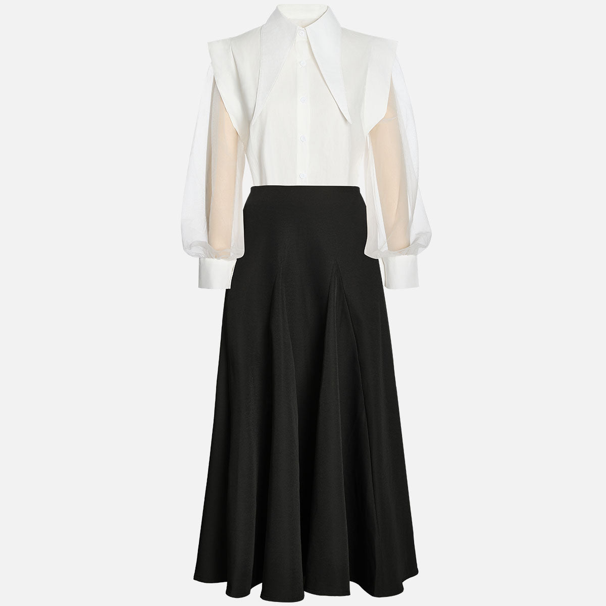 Black & White Oversized Shoulder Shirt & High-Waisted Maxi Skirt Set NorixaFashion.com