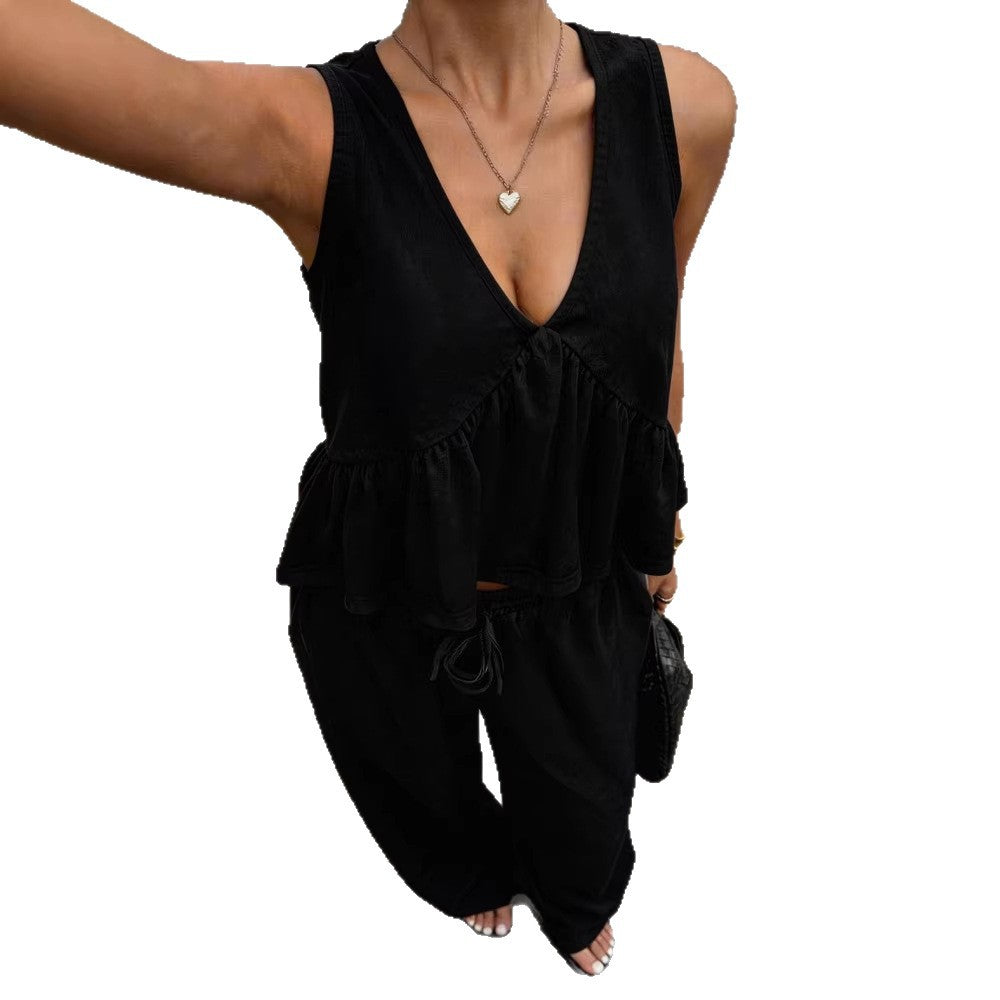 Women's Casual V-Neck Sleeveless Top And Pants Set NorixaFashion.com