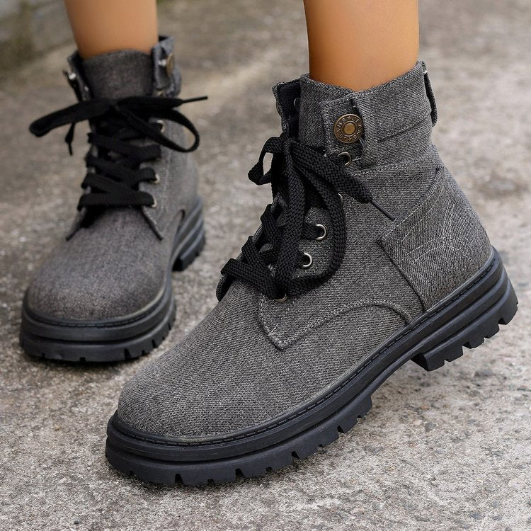 Lace-up Denim Ankle Boots Women Fashion Platform Cowboy Boots Casual Fashion Autumn Winter Round Toe Shoes LadyShow.Store