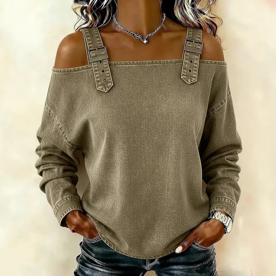 Halter-neck Off-shoulder Long-sleeve Top NorixaFashion.com