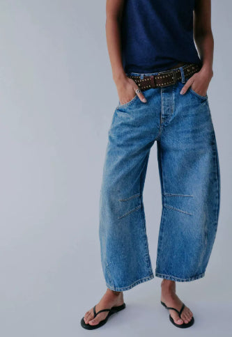 High Stretch Mid-Rise Barrel Jeans Fashion Wide Leg Shape Women Casual Baggy Mid Waist Denim Jeans NorixaFashion.com