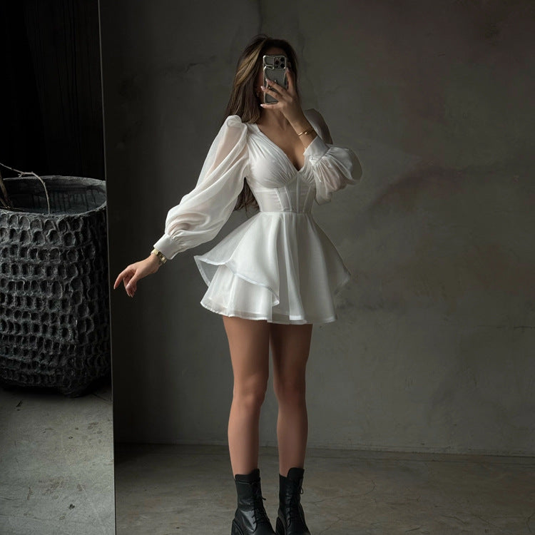 White Corset Puff Sleeve Mini Dress NorixaFashion.com