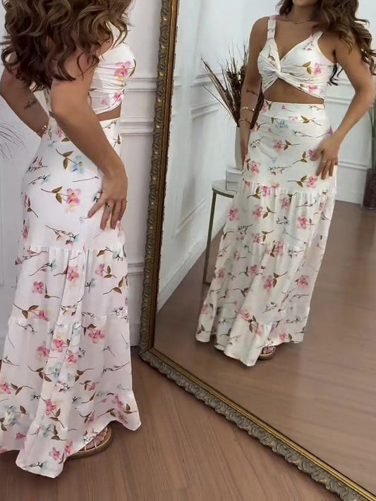 Floral Print Twist Crop Top & Ruffle Skirt Set NorixaFashion.com