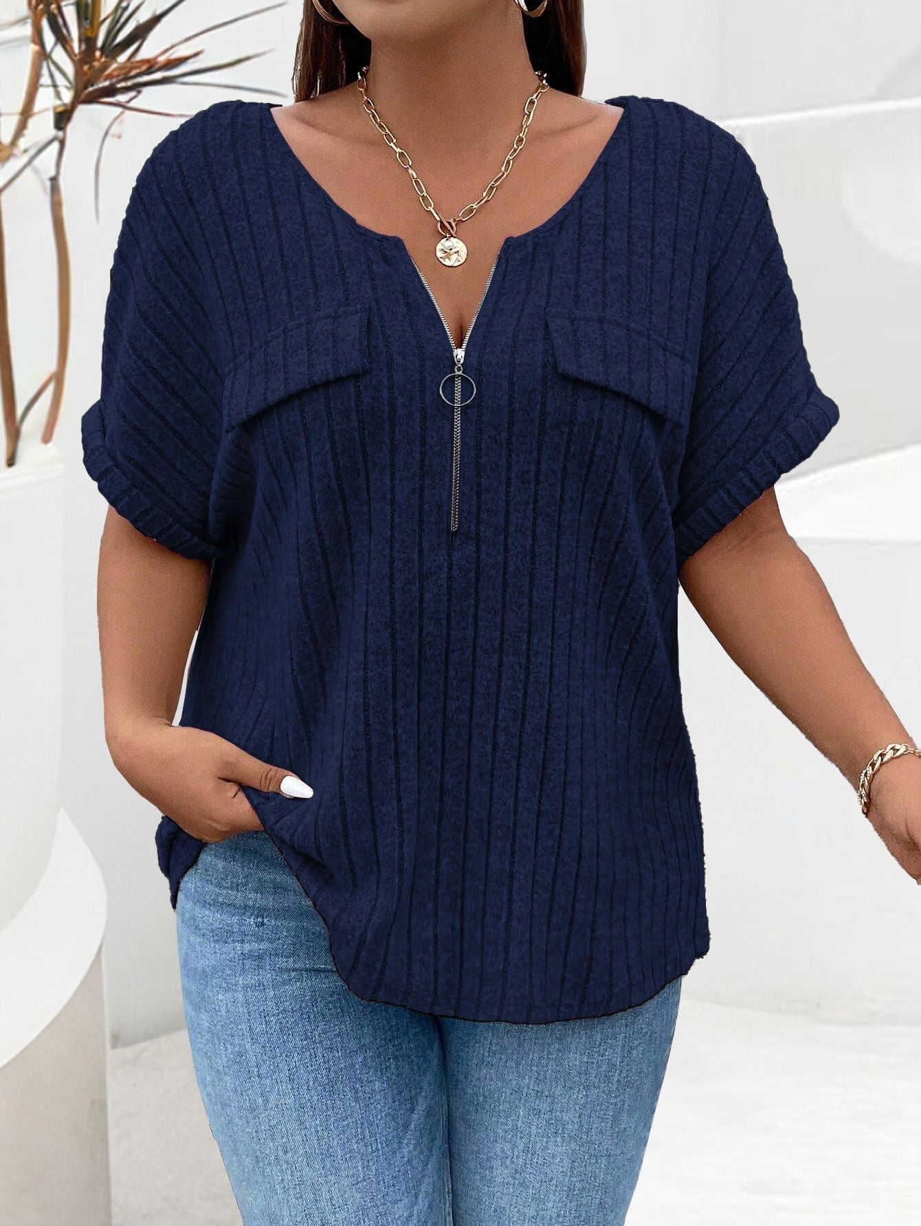 Solid-color Plus-size Top With Zipper Short Sleeves And Faux Pockets NorixaFashion.com