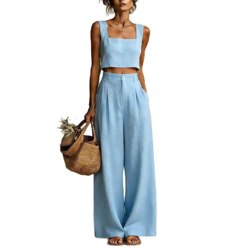 Womens Best-selling Square-neck Wide-leg Pants Set NorixaFashion.com