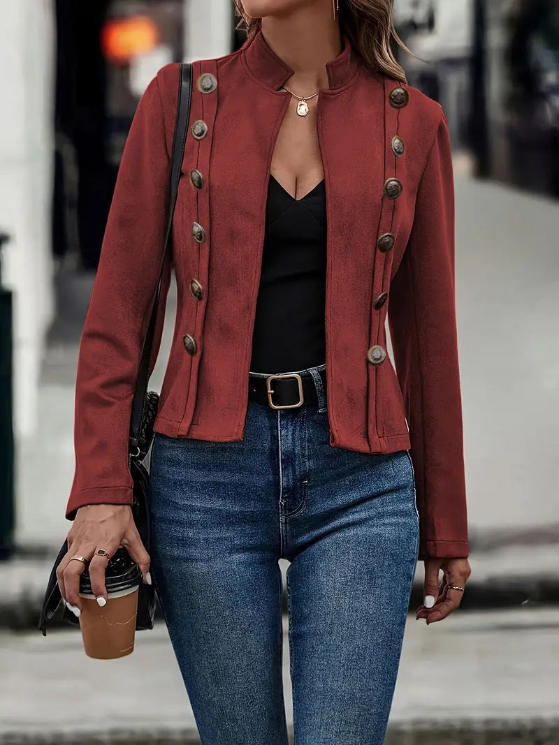 Women's Solid Color Double-breasted Decorative Deerskin Velvet Retro Long-sleeved Jacket LuxuryLifeWay Online Store