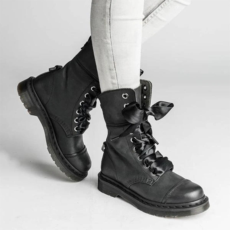 British-style Lace-up Round-toe Flat Ankle Boots For Women LadyShow.Store
