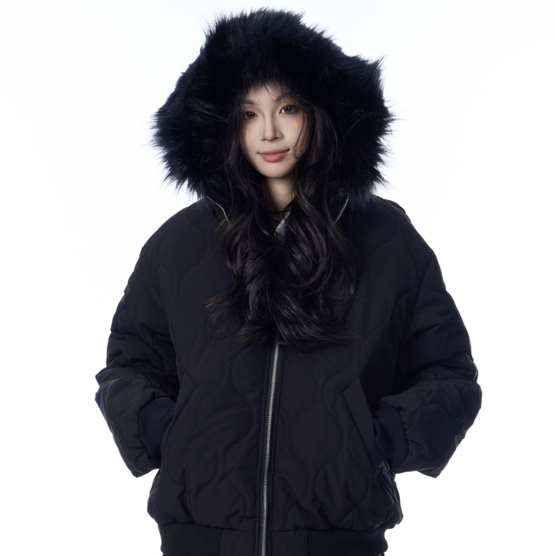 American Retro Rhombus Fur Collar Cotton Cardigan Hooded Cotton Jacket Best YouTube Store