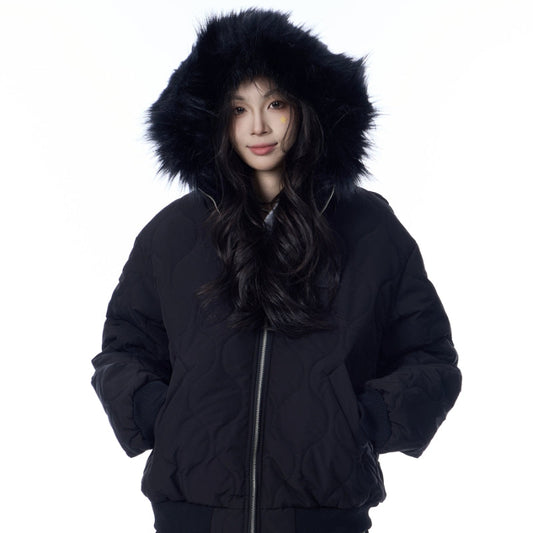 American Retro Rhombus Fur Collar Cotton Cardigan Hooded Cotton Jacket Best YouTube Store