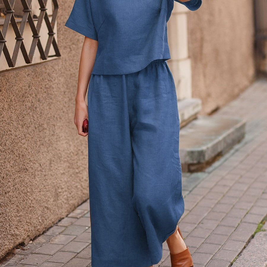 European And American Women's Linen Casual Loose Solid Color Suit Two-piece Women LadyShow.Store