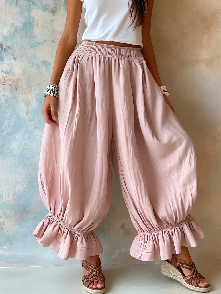 Loose Casual Cotton-linen Flared Pants With Ruffled Hems For Women NorixaFashion.com