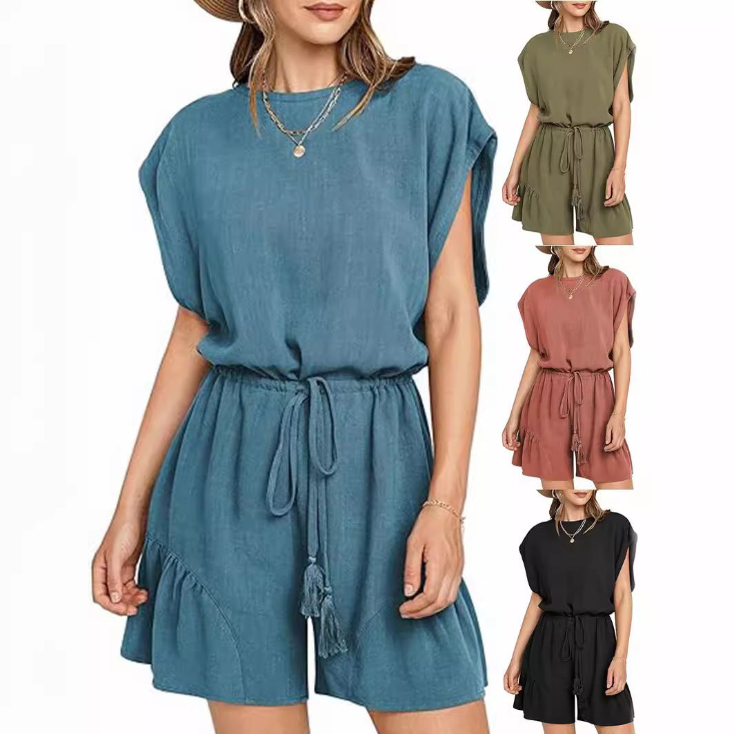 Cotton And Linen Jumpsuit Loose Waist Short Sleeve Women LadyShow.Store