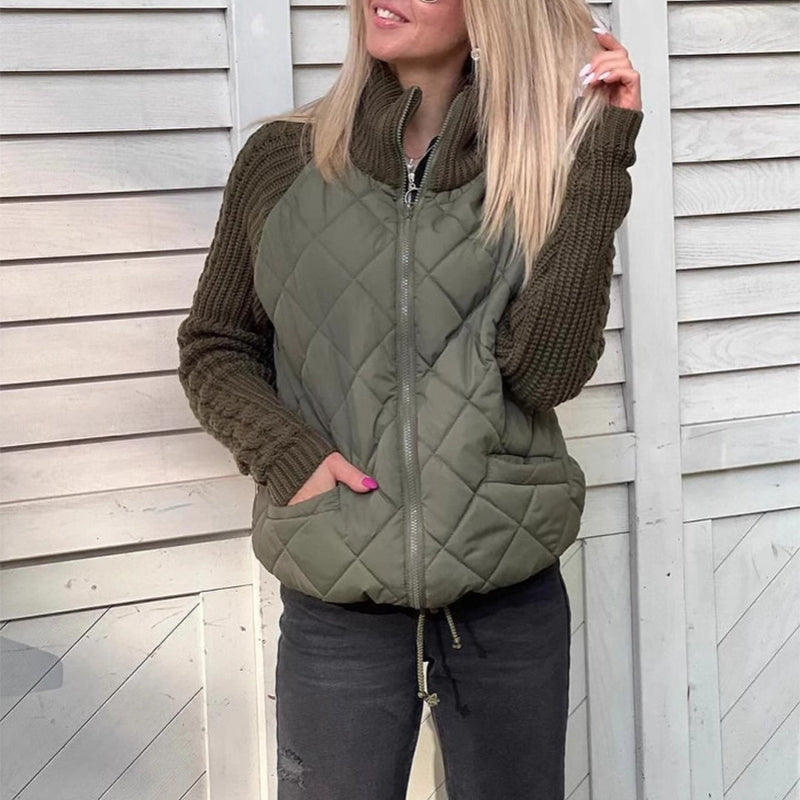 Winter Stand Collar Cotton Jacket With Pockets Fashion Knitted Stitching Zipper Coat Warm Tops For Women Clothing LadyShow.Store