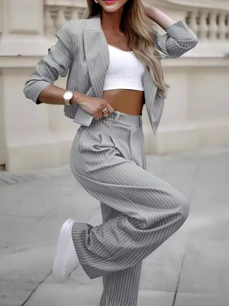 Women's Spring Fashion Striped Suits Casual Lapel Long Sleeve Cropped Top And Straight Pants Outfits Women's Clothing LadyShow.Store