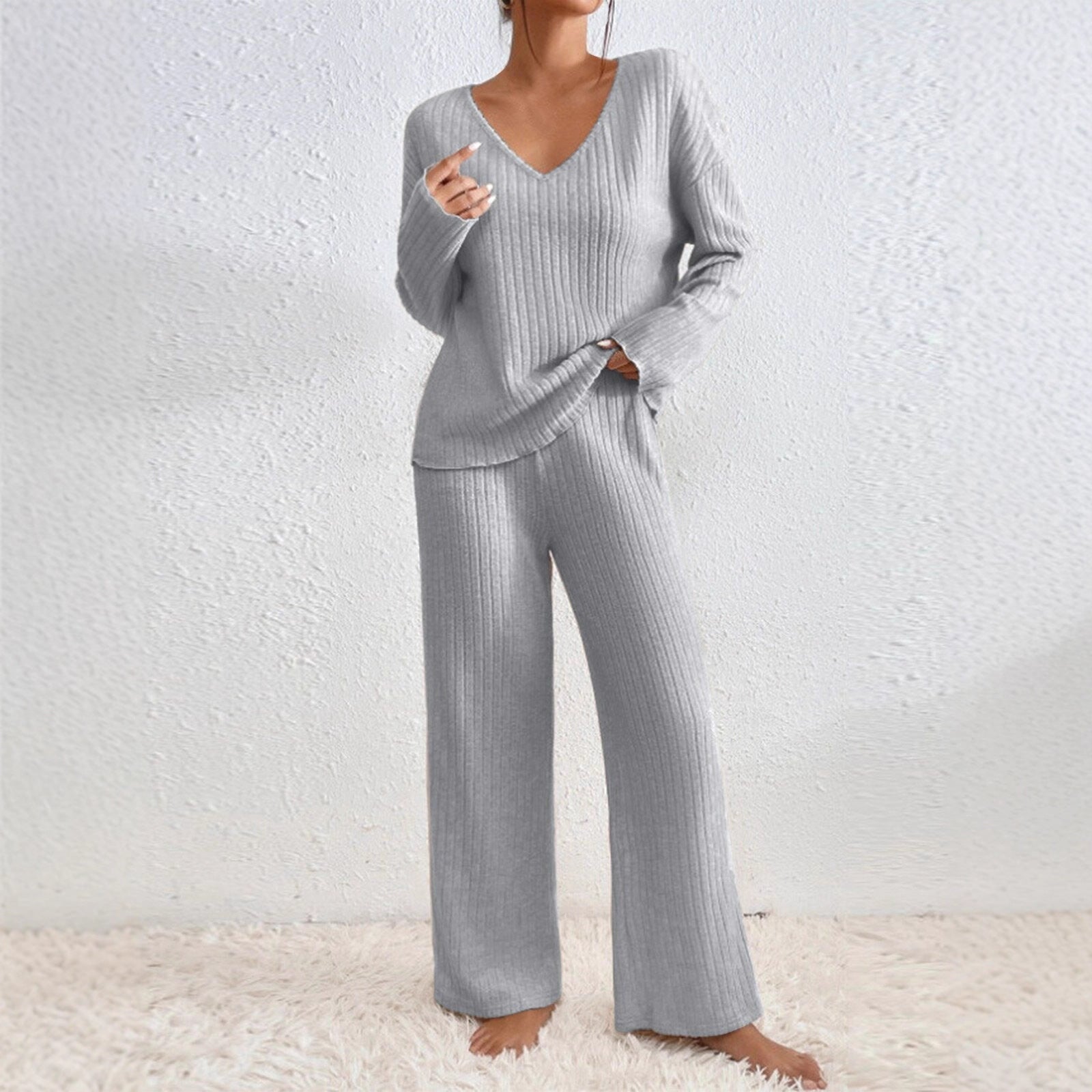 Long Sleeve V-neck Knitted Sunken Stripe Brushed Loose Leisure Suit LadyShow.Store