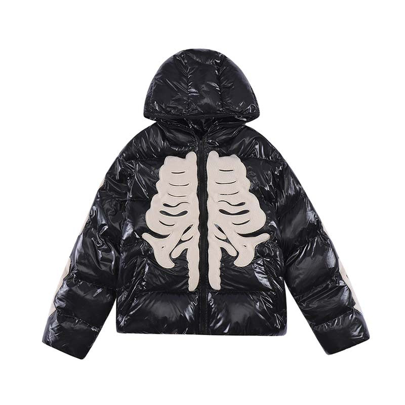 Street Retro Flocking Embroidery Skeleton Men's Hooded Cotton Jacket