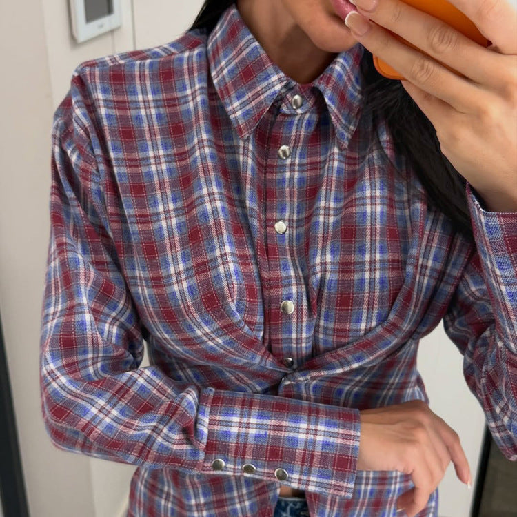 Retro Plaid Collared Long-sleeved Fitted Shirt NorixaFashion.com