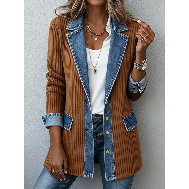 Denim Patchwork Jacket Fashion Commuter Lapel Button-down Long-sleeved Top For Women's Clothing NorixaFashion.com