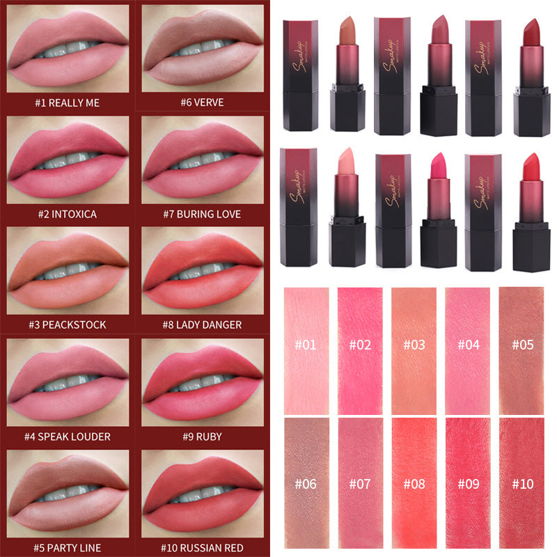 10 Colors Discoloration Resistant Matte No Stain On Cup Makeup Lipstick LadyShow.Store