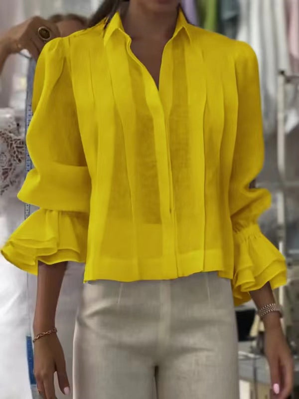 Pleated Solid Color Stitching Short Sleeve Shirt NorixaFashion.com