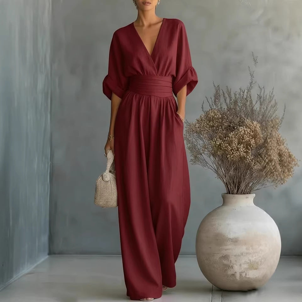 Summer Short-sleeved Jumpsuit Fashion Casual V-Neck Wide-Leg Pants Womens Clothing LadyShow.Store