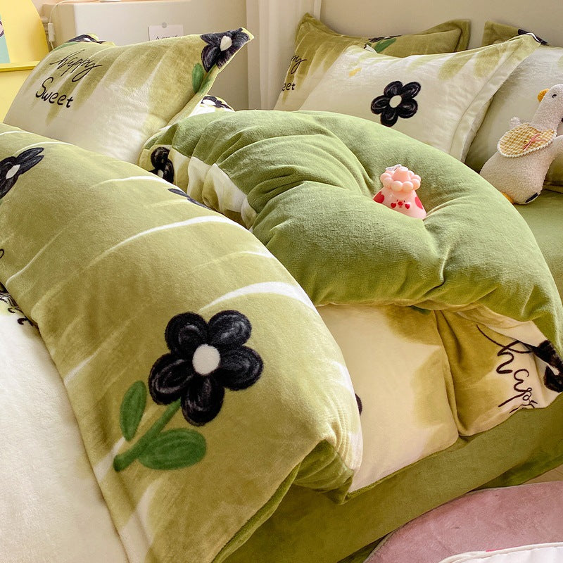 Winter Thickening Milk Fiber Bed Four-piece Coral Velvet Quilt Cover Flange Double-sided Bed Sheet Three-piece Bedding CJD2