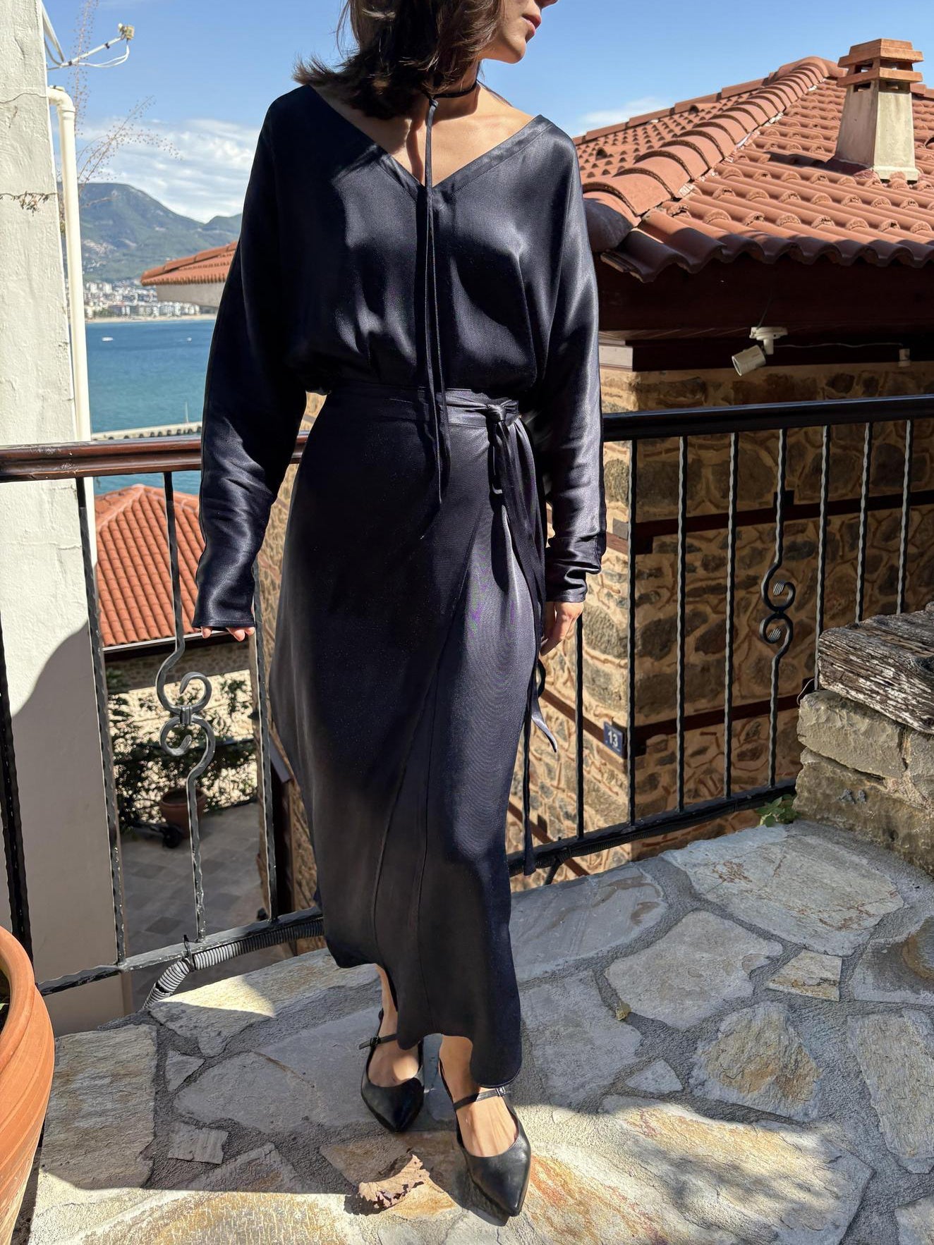 Navy Blue Satin Tie-Waist Slit Long Sleeve Maxi Dress NorixaFashion.com