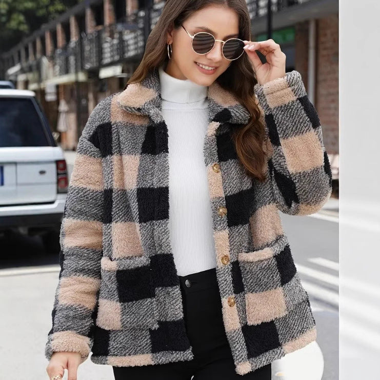 Color-blocked Plaid Jacket Fashion Lapel Pockets Single-breasted Coat Spring Fall Clothing For Women NorixaFashion.com