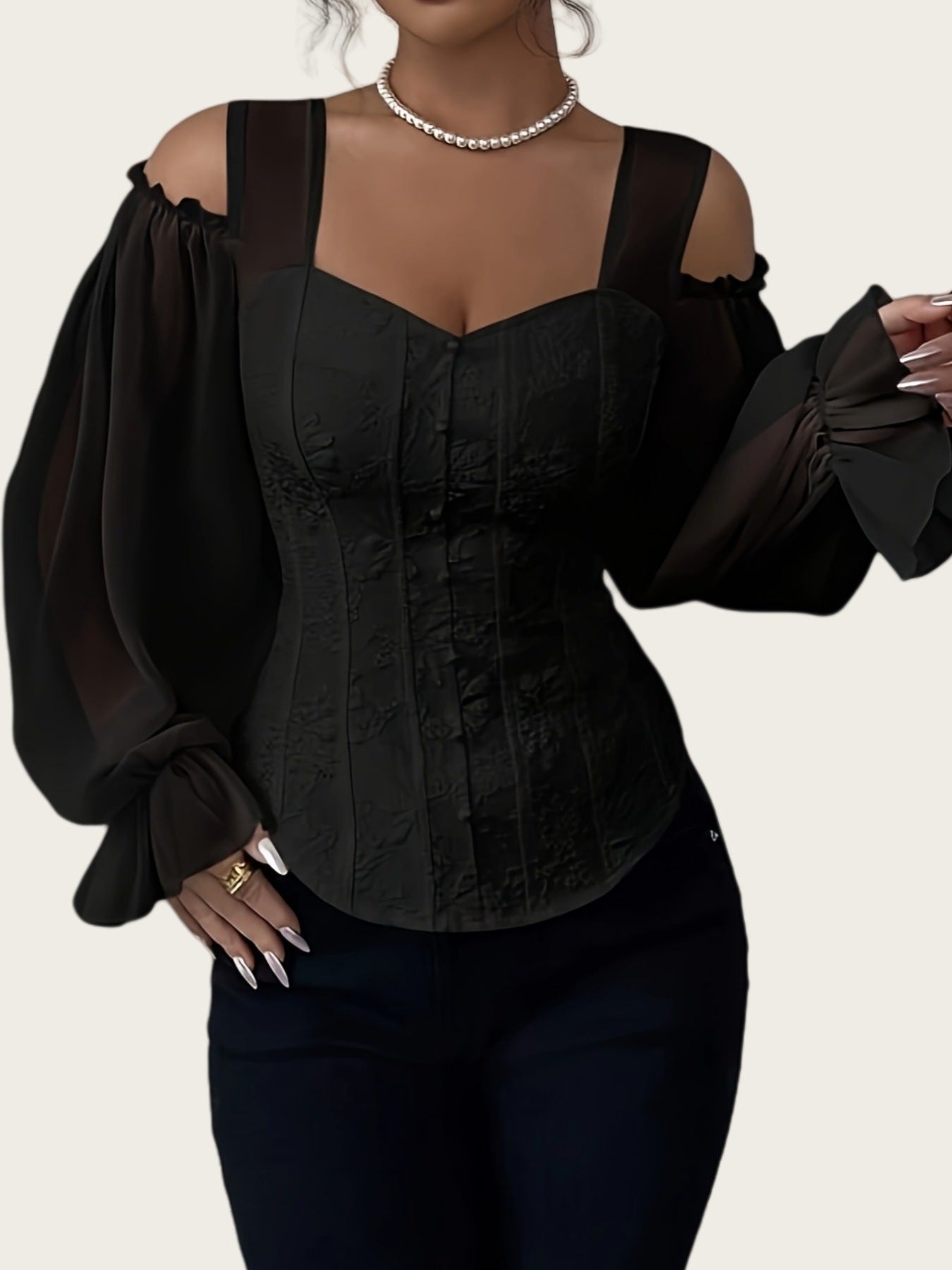 Elegant Off-Shoulder Floral Jacquard Blouse For Women LadyShow.Store