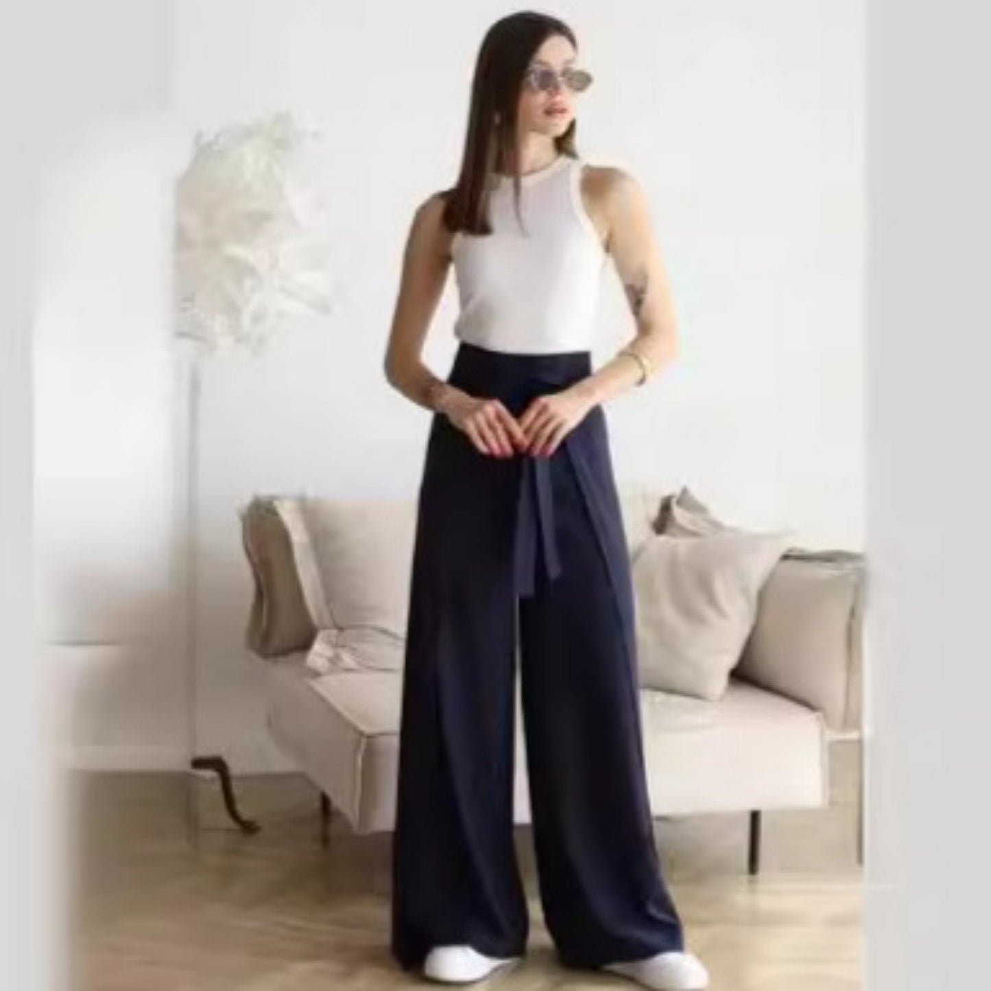 Solid Color Fashion Lace-up Waist Wide-leg Skort Women LadyShow.Store