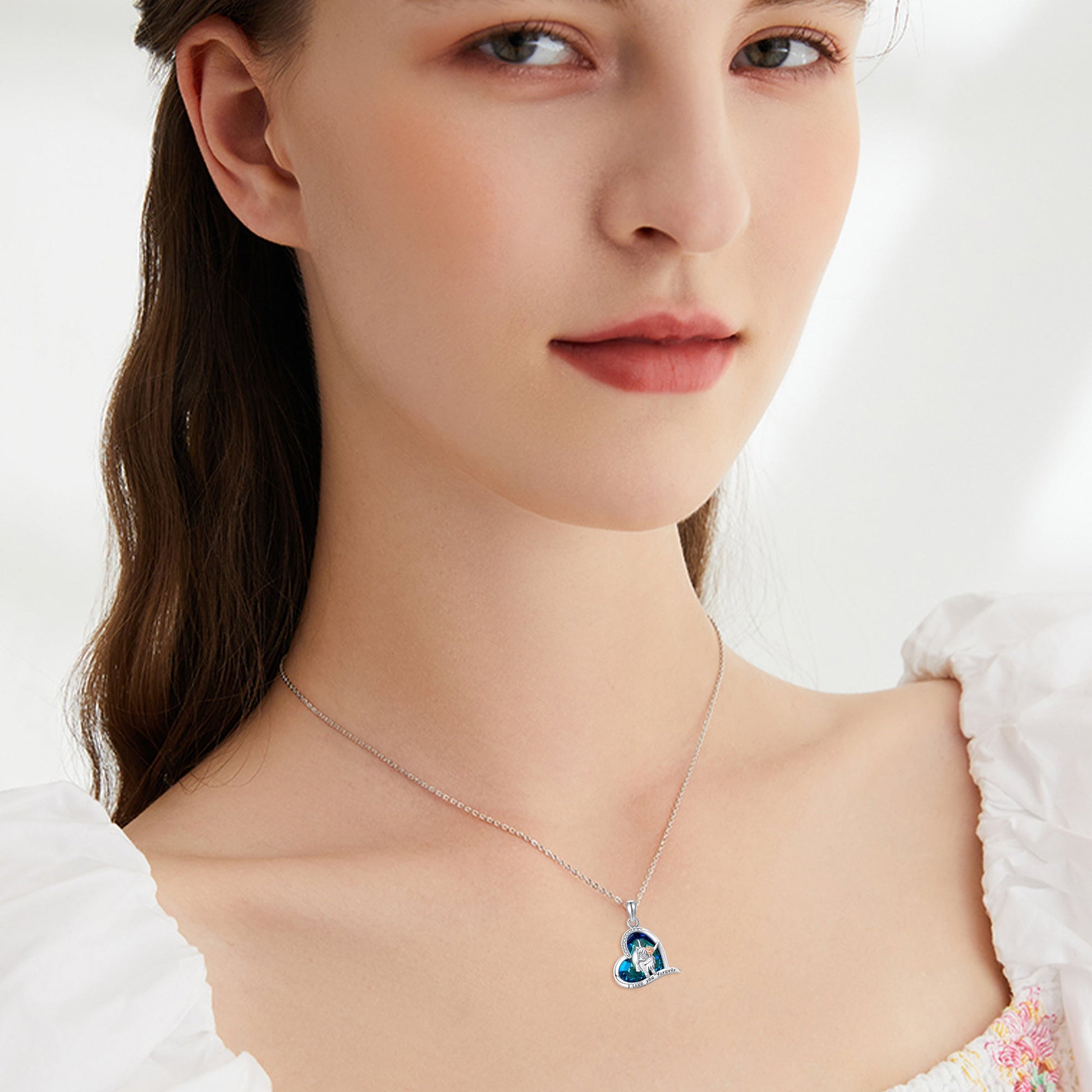 925 Sterling Silver Highland Cow Blue Crystal Heart Cow Pendant Necklace LadyShow.Store