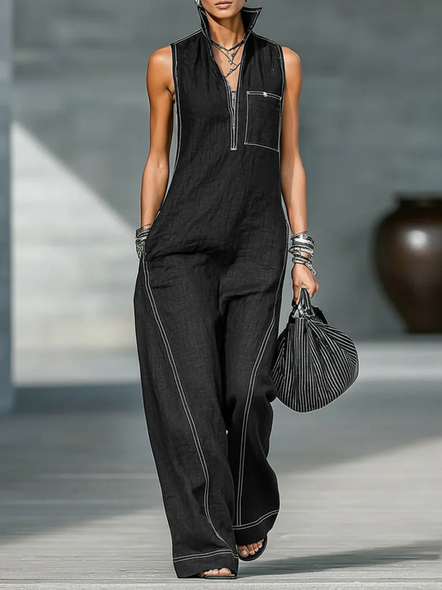 Stand-up Collar Jumpsuit With Pockets Summer Fashion Casual Sleeveless Jumpsuit Trousers Women's Clothing LadyShow.Store