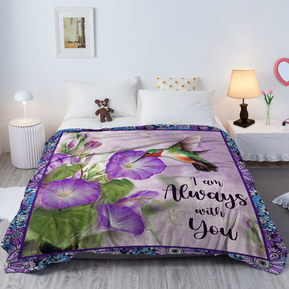 1pc Purple Morning Glory Hummingbird Print Flannel Blanket, Comfortable And Warm Home Throw For Bed, Sofa, Camping, And Multi-Scene Use With Seasonal Versatility PearlNestDecor.com