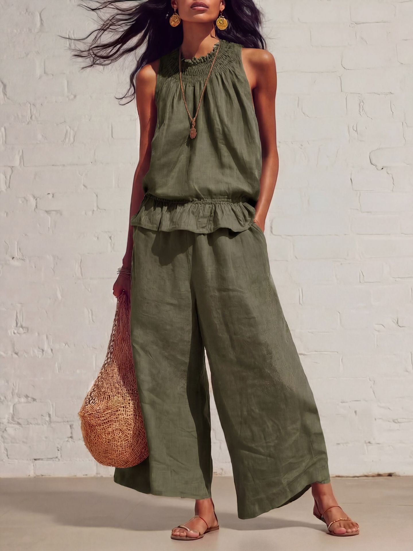 Summer Sleeveless Suit Fashion Ruffled Vest Top And Straight-leg Pants Women's Two-Piece Set NorixaFashion.com