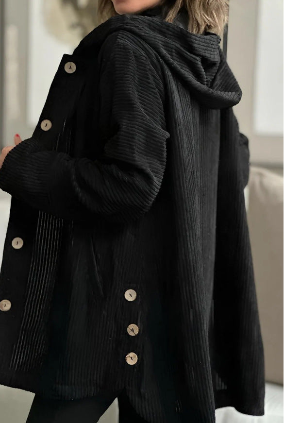 Women's Corduroy Hooded Jacket Fashion Warm Pockets Button Mid-length Top Casual Fall Winter Outwear Clothing LadyShow.Store
